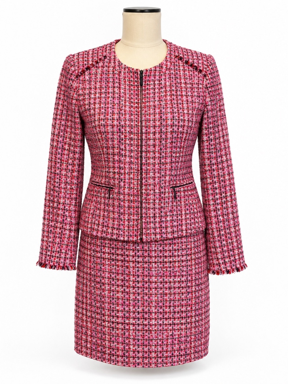 White House Black Market Pink Red Tweed Zip Jacket size 2 & Skirt size 4  Set